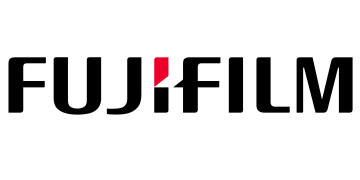 Alstor SDS logo of FUJIFILM, in black. The dot above the letter I is red in the shape of a trapezoid