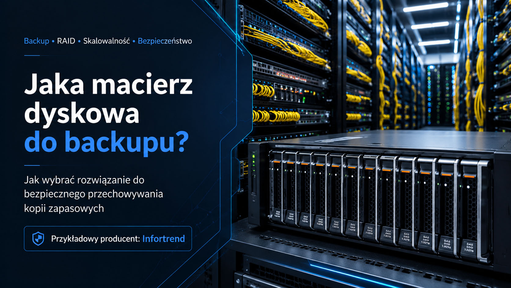 Macierz dyskowa do backupu danych firmowych w serwerowni z obsługą RAID, skalowalnością i zabezpieczeniami przed utratą danych.