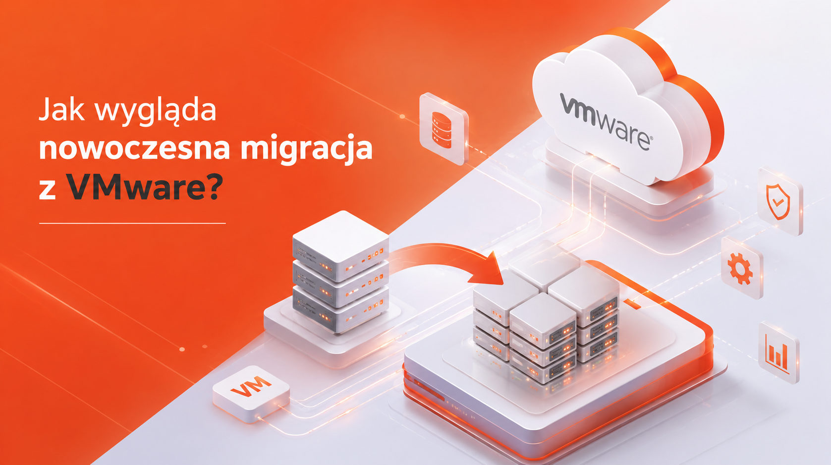 Nowoczesna migracja z VMware do platformy HCI i środowiska chmurowego – ilustracja przedstawiająca wirtualizację serwerów, migrację maszyn wirtualnych oraz modernizację infrastruktury IT.