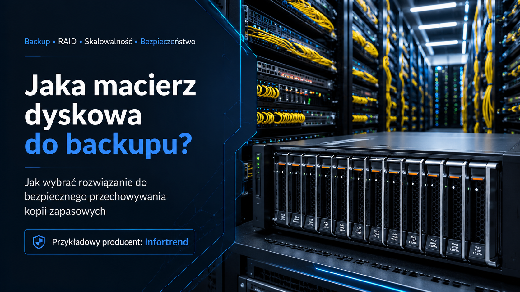 Macierz dyskowa do backupu danych firmowych w serwerowni z obsługą RAID, skalowalnością i zabezpieczeniami przed utratą danych.